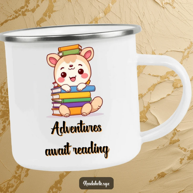 Funny enamel camping mug featuring a happy animal character with a tall stack of colorful books, perfect for outdoor reading.