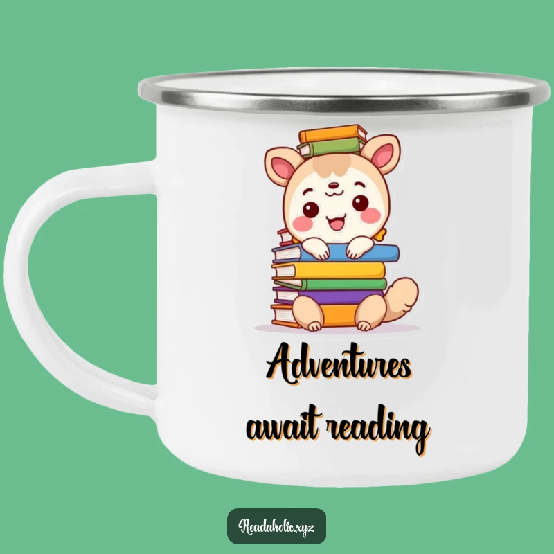 Funny Camp Mug: Happy Animal with Stack of Colorful Books, Outdoor Reading Humor Gift