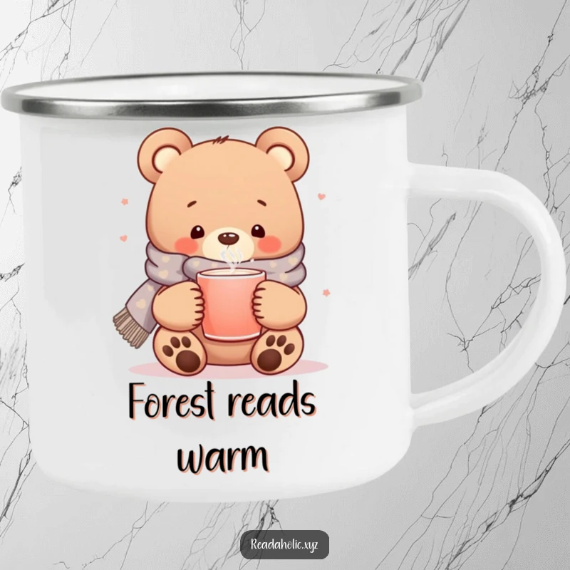 Funny kawaii bear camping mug, cozy scarf, steaming mug, cute animal outdoor gear, warm beverage cup.