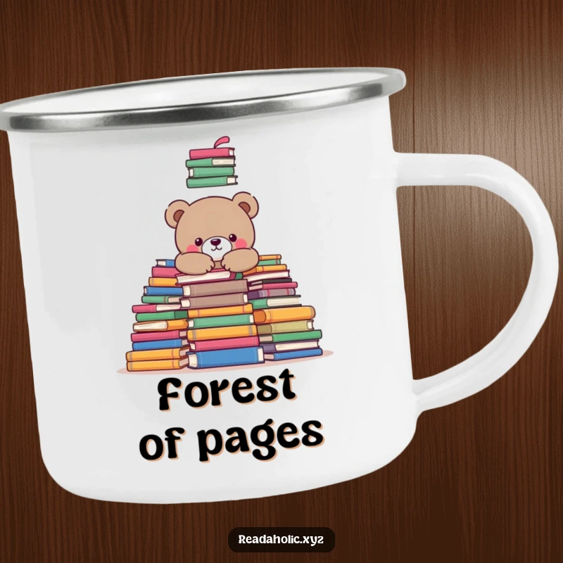 Funny kawaii bear camping mug, snuggling amongst books, durable for outdoor fun. Great funny gift.