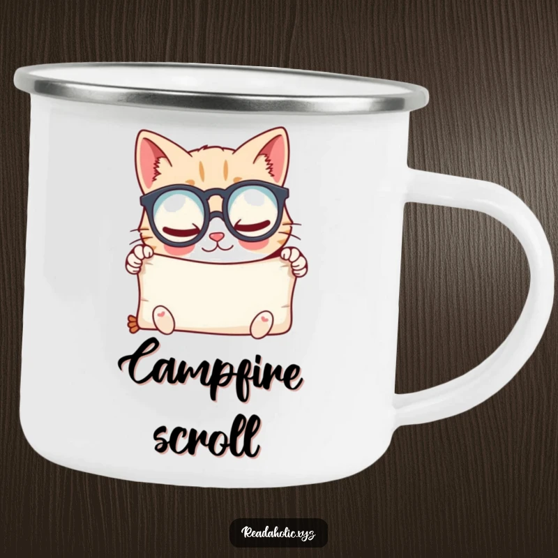 Funny kawaii cat scholar camping mug, wearing spectacles and looking at a scroll with glee. Great funny gift.