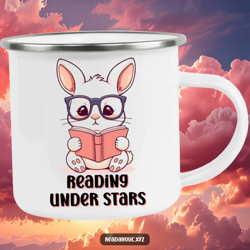 Funny kawaii rabbit camping mug with a cute rabbit wearing glasses, engrossed in reading, ready for literary adventures.
