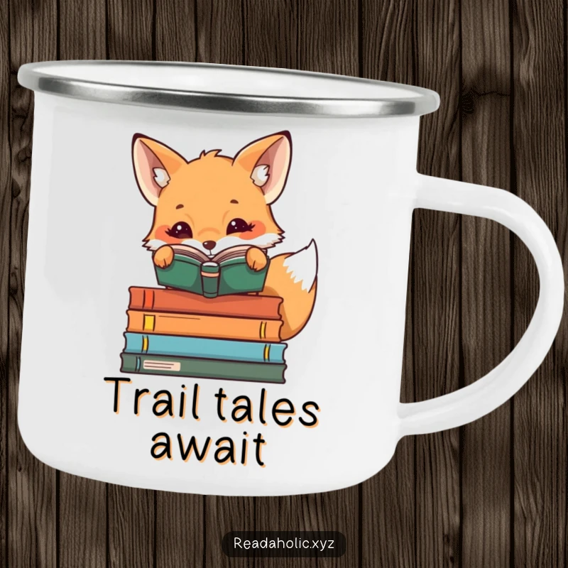 Funny kawaii reading fox peeking over book stacks, cute book lover camping mug, literary adventure gear, animal enamel mug, curious glance.