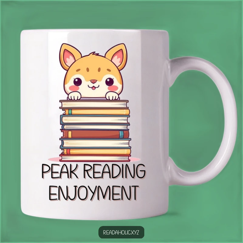 Funny Peekaboo Book Mug: Smiling Animal Over Giant Book Stack, Perfect Gift for Bibliophiles