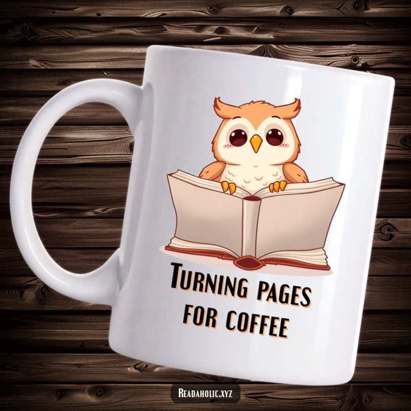 Funny kawaii owl reading mug, excitedly turning the page of an oversized book, capturing the joy of discovery for book lovers.