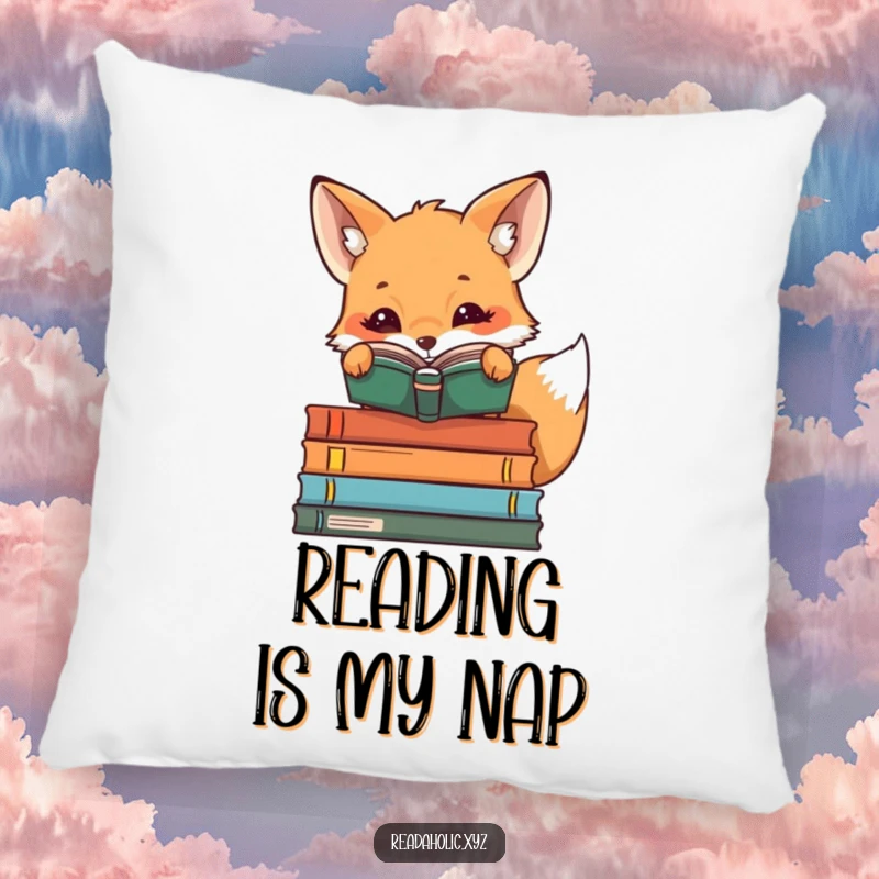Funny kawaii reading fox peeking over book stacks, cute bookish pillow, cozy animal cushion, literary humor decor, curious glance.