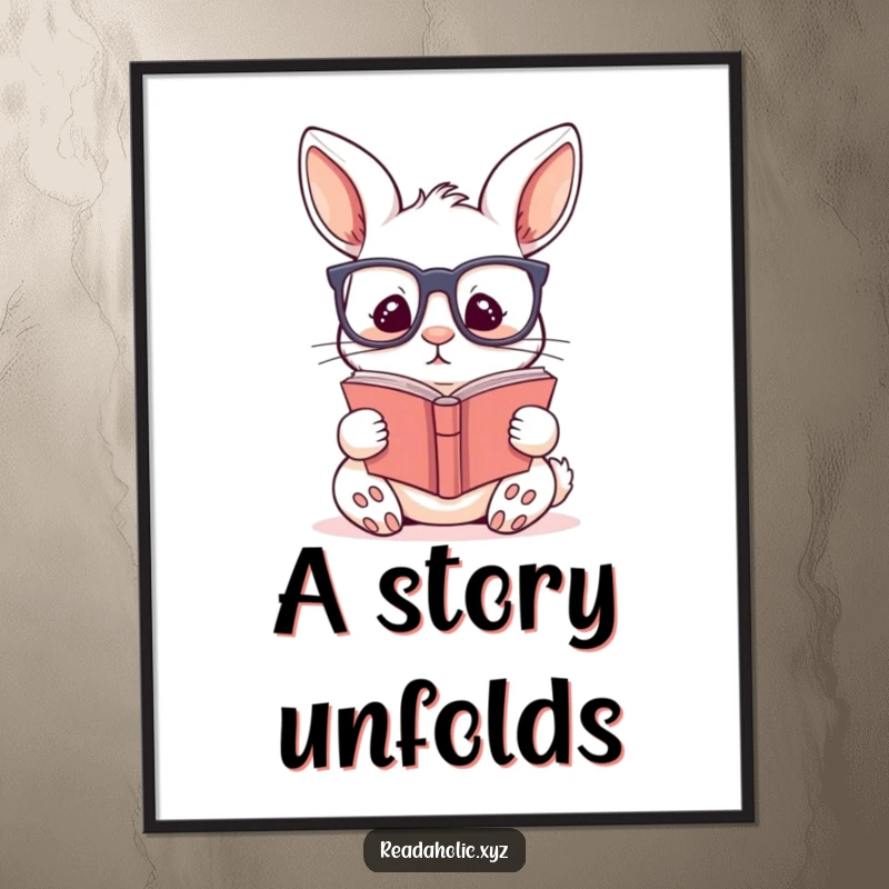 Funny kawaii rabbit digital art print showing a cute rabbit wearing glasses, engrossed in reading, perfect for intellectual decor.