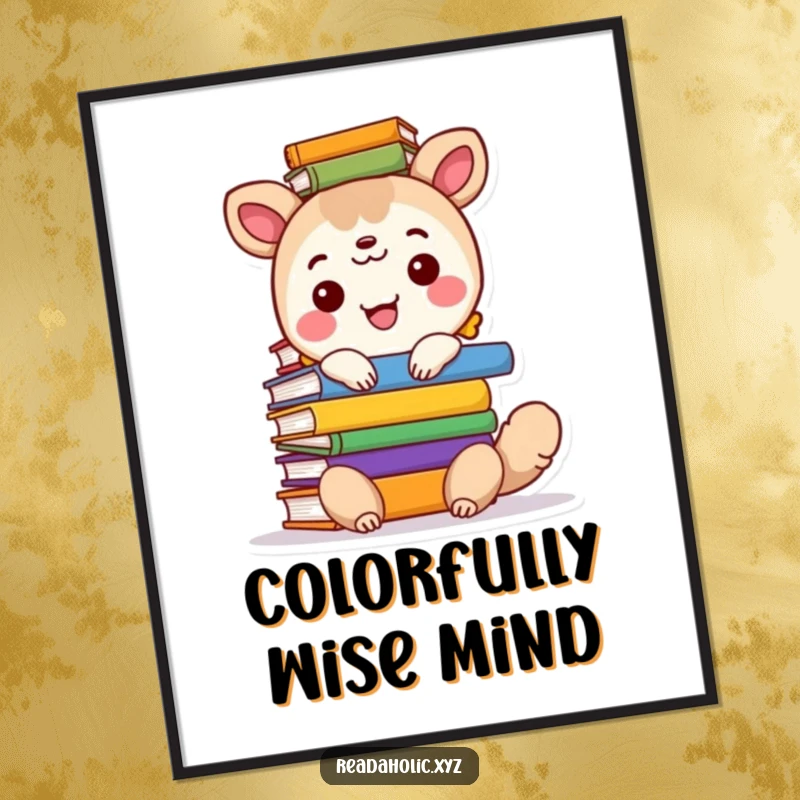 Funny digital art print of a happy animal character with a tall stack of colorful books, perfect for wall decor.