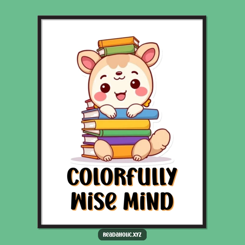 Funny Book Stack Art Print: Happy Animal with Colorful Books, Vibrant Reading Decor Piece