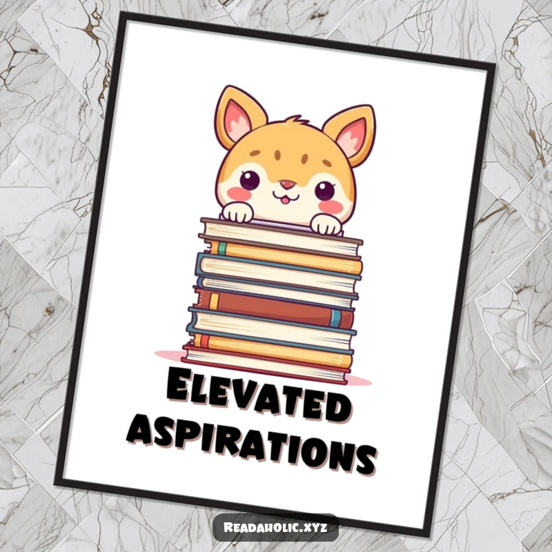 Funny digital art print of a smiling animal peeking over a large stack of books, perfect for wall decor.