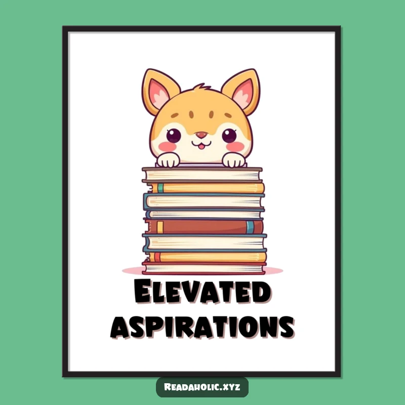 Funny Book Stack Art Print: Smiling Animal Peeking, Vibrant Reading Room Decor Piece
