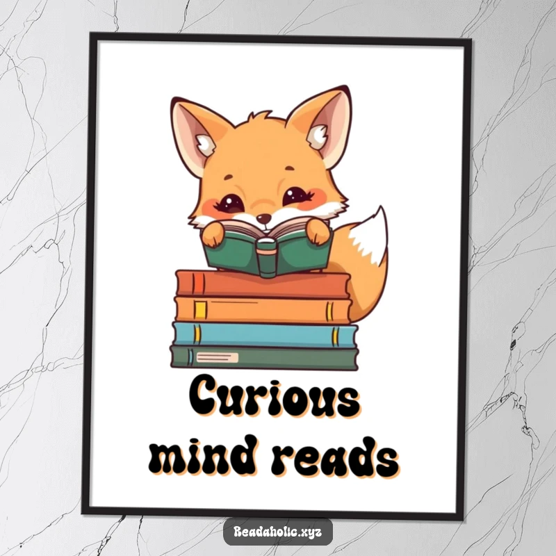 Funny kawaii reading fox peeking over book stacks, cute book lover digital art, literary printable decor, animal illustration, curious glance.