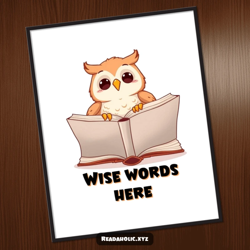 Funny kawaii owl digital art print showing an excited owl turning the page of a huge book, perfect for literary decor.