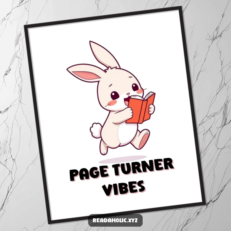 Funny kawaii bunny digital art print, depicted hopping with a book, radiating happiness and literary charm. Perfect funny gift download.