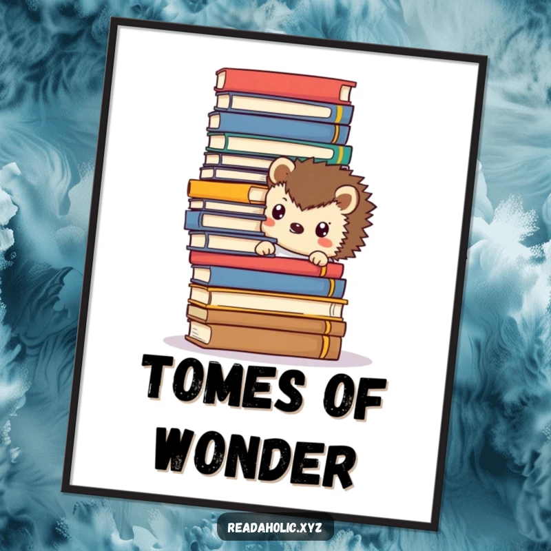 Funny Kawaii hedgehog digital art, peeking from behind a stack of books, a downloadable piece of cute and heartwarming wall art.