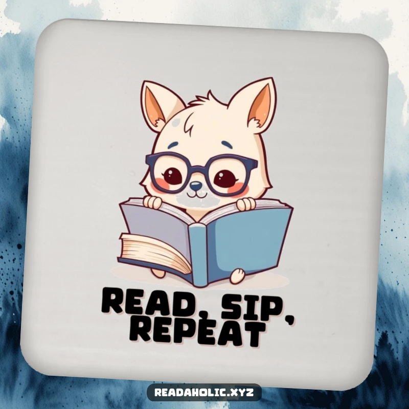 Funny drink coaster featuring a cute animal with glasses, engrossed in reading a giant book, protecting furniture.