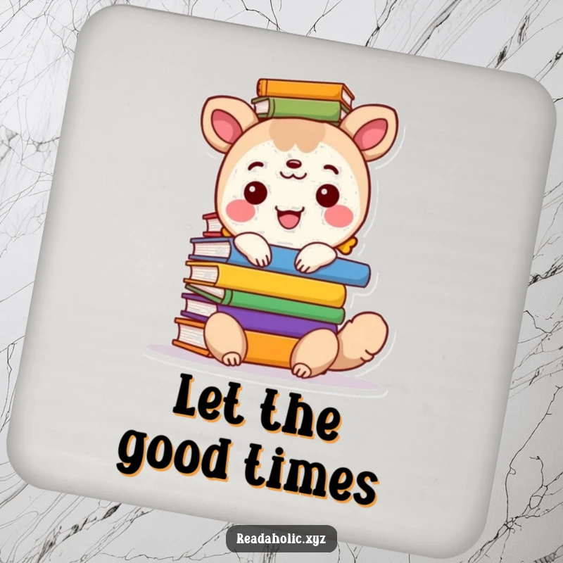 Funny drink coaster featuring a happy animal character with a high stack of colorful books, perfect for coffee tables.