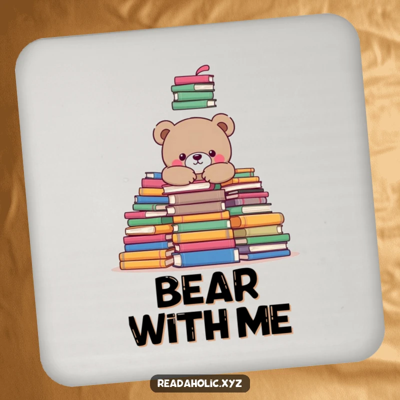 Funny kawaii bear bookworm coaster, featuring the cute character snuggling in books. Protects surfaces. Ideal funny gift.