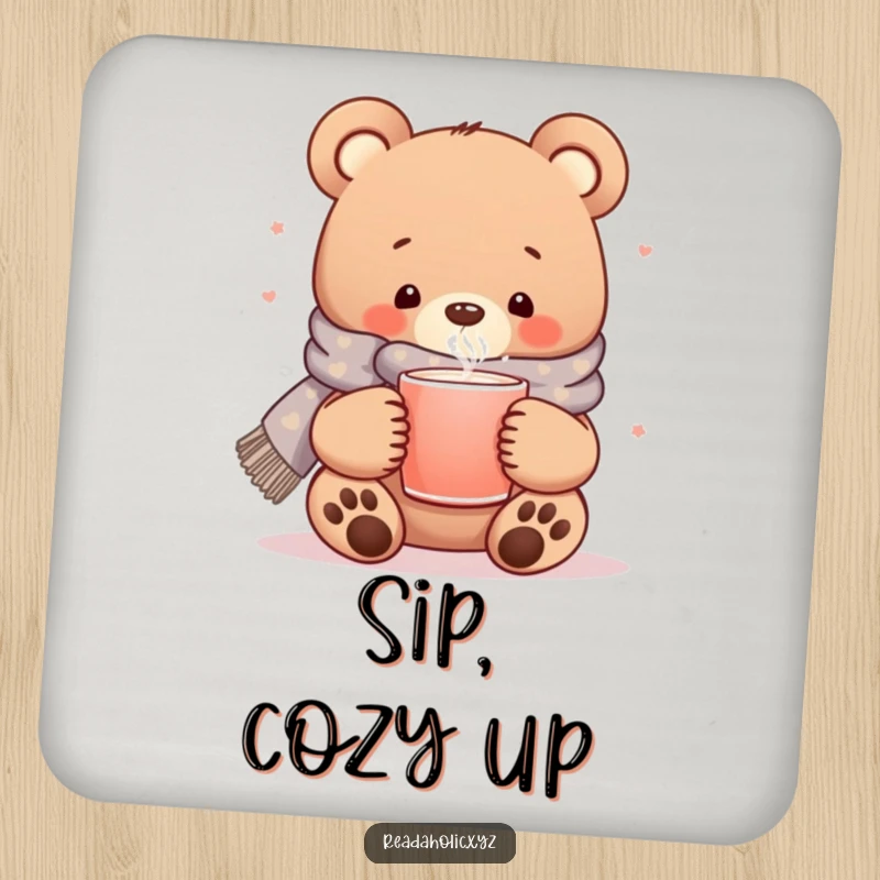 Funny kawaii bear coaster, cozy scarf, steaming mug, cute animal home decor, warm beverage accessory.