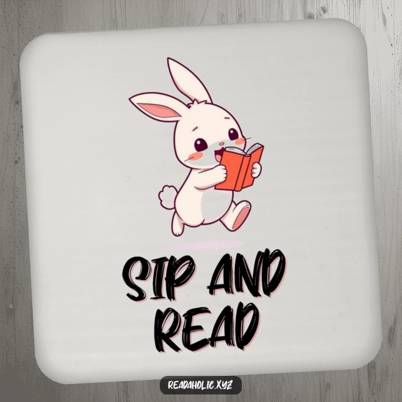 Funny kawaii bunny reading coaster, featuring the cute character hopping with a book. Protects surfaces. Ideal funny gift.