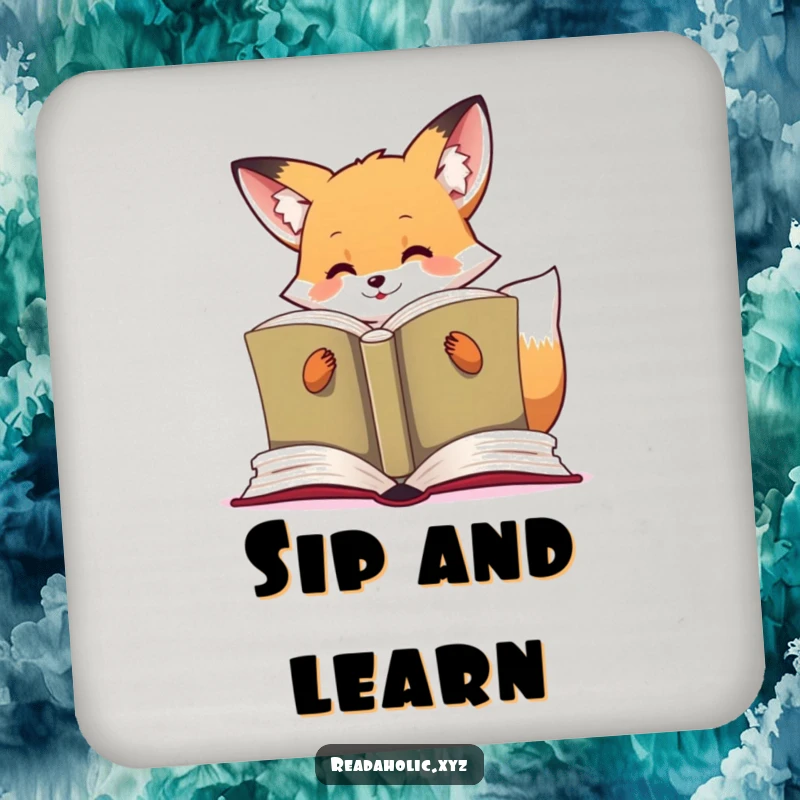 Funny kawaii fox drink coaster featuring a cute fox enthusiastically reading a large open book, adding literary flair.