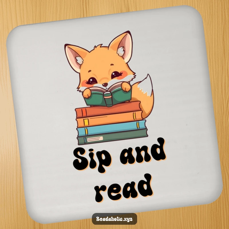 Funny kawaii reading fox peeking over book stacks, cute bookish coaster, literary home decor, animal accessory, curious glance.