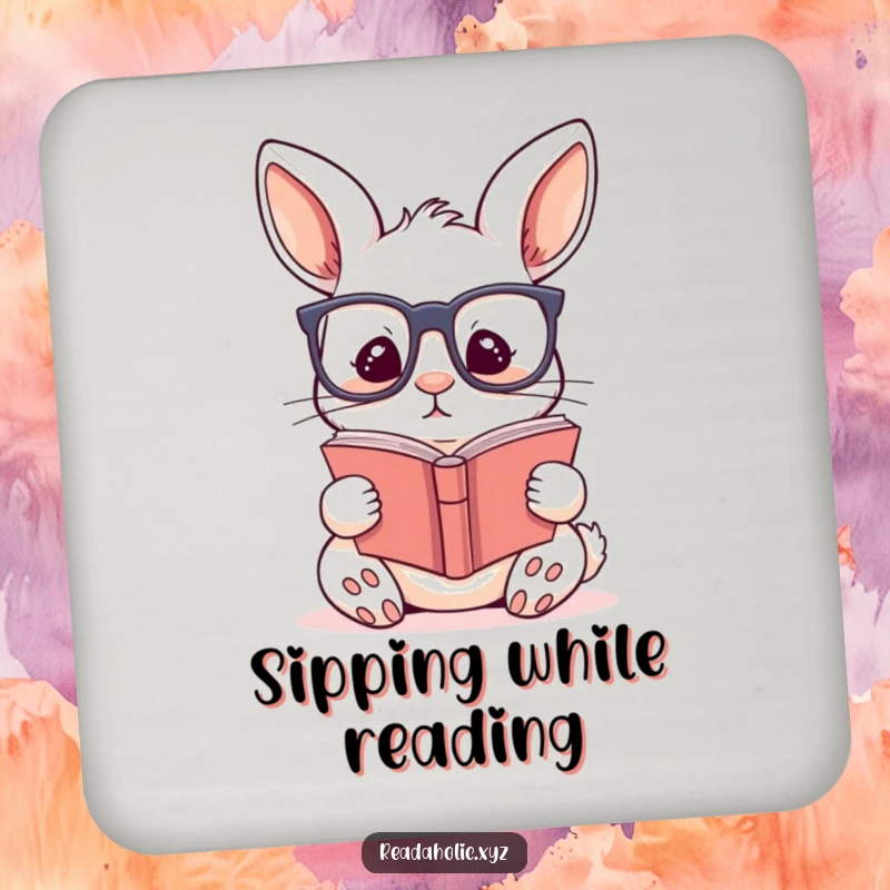 Funny kawaii rabbit drink coasters with a cute rabbit wearing glasses, engrossed in a story, perfect for protecting tables.
