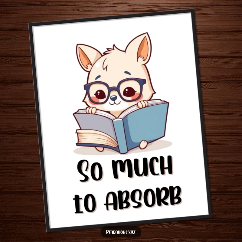 Funny wall art poster of a cute animal with glasses, deeply focused on a colossal book, perfect for study spaces.