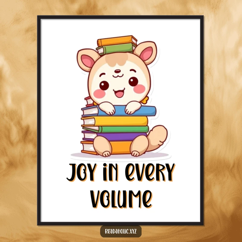 Funny wall art poster of a happy animal character with a tall, colorful stack of books, perfect for reading nooks.