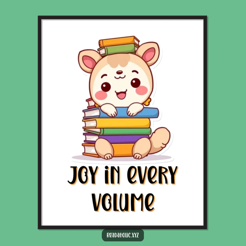Funny Book Stack Poster: Happy Animal with Colorful Books, Vibrant Reading Room Decor Art