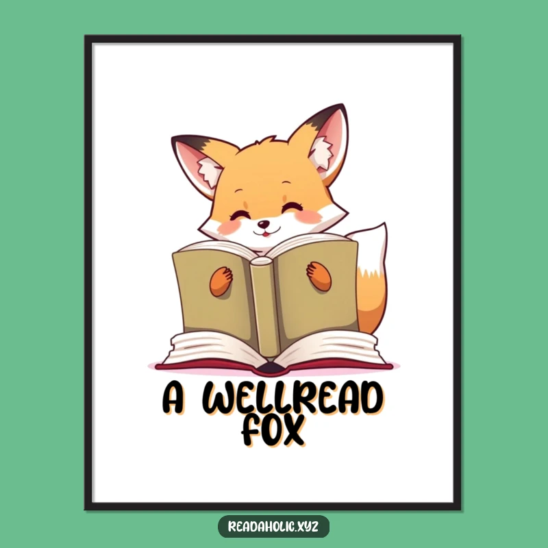 Funny Kawaii Fox Poster: Avid Reader of Massive Book, Art Decor