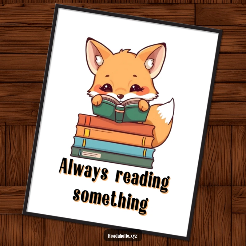 Funny kawaii reading fox peeking over book stacks, cute book lover wall art, literary decor, animal illustration, curious glance.