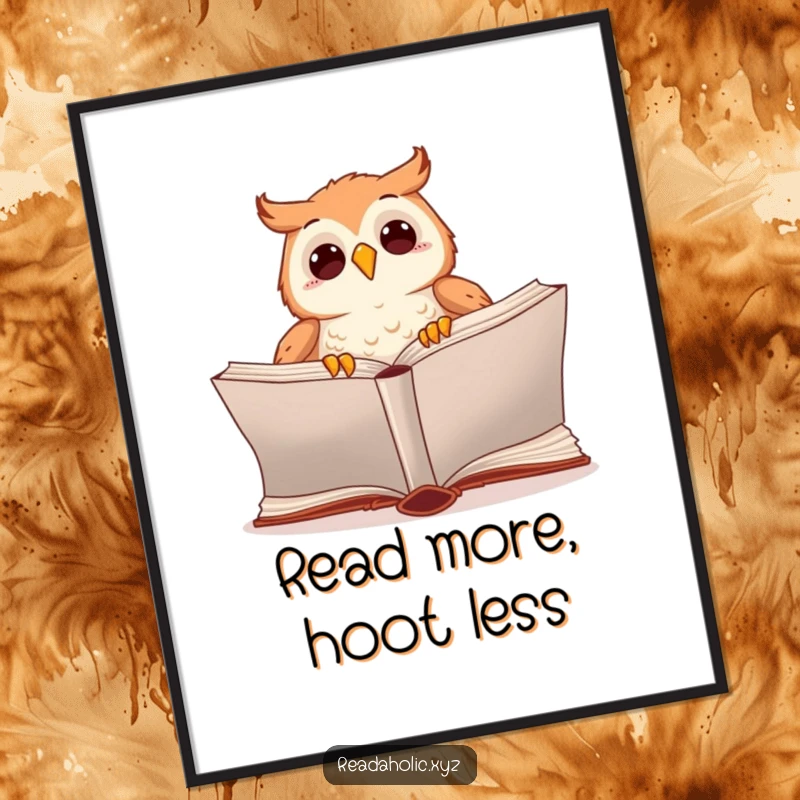 Funny kawaii owl poster with an excited owl turning the page of a huge book, adding literary humor and charm to decor.