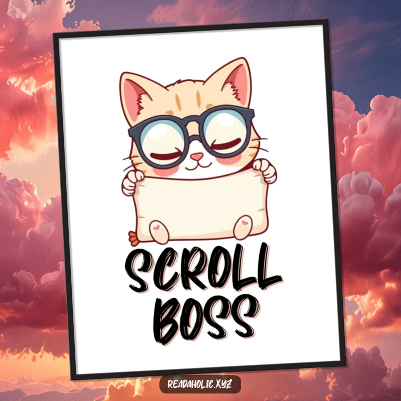 Funny kawaii cat poster, wearing spectacles, peering at a scroll with glee, inspiring intellectual pursuits. Perfect funny gift.