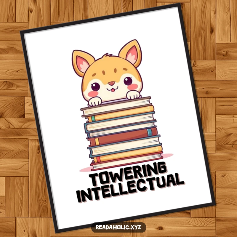 Funny wall art poster of a smiling animal peeking over a huge stack of books, perfect for reading nooks.