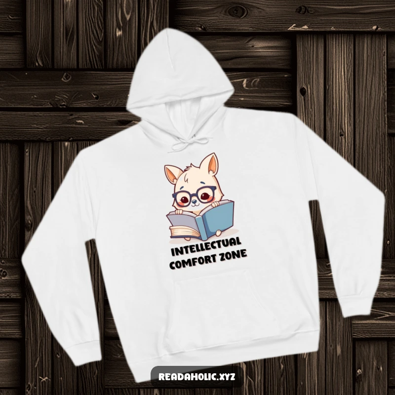 Funny warm hoodie featuring a sweet animal wearing glasses, completely absorbed in a giant book, perfect for chilly days.