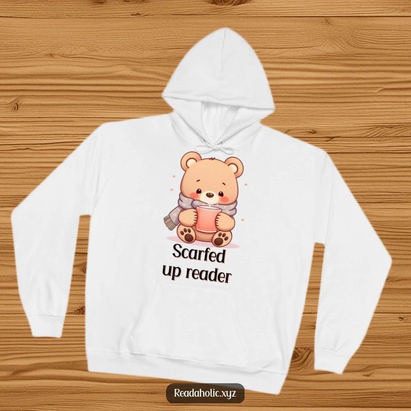Funny kawaii bear hoodie, cozy scarf, steaming mug, plush comfort wear, cute animal graphic.