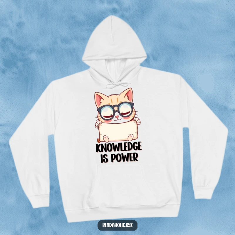 Funny kawaii cat hoodie, depicted with spectacles peering at a scroll in glee, ideal for cozy study sessions. Great funny gift.