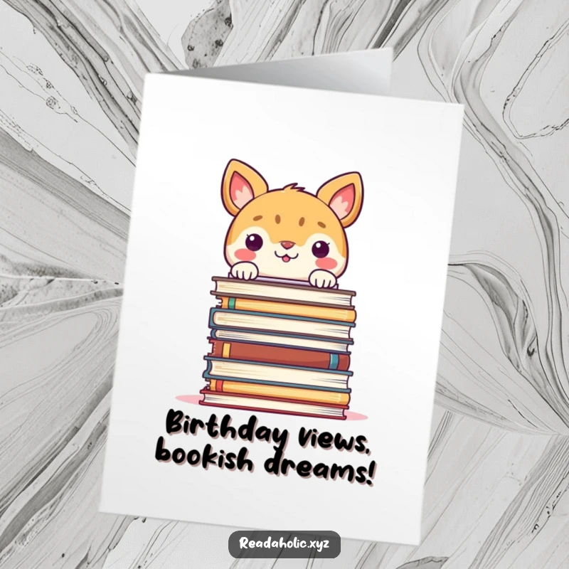 Funny Free Printable Birthday Card: Animal peeks over a giant book stack, smiling mischievously, great for book lovers.