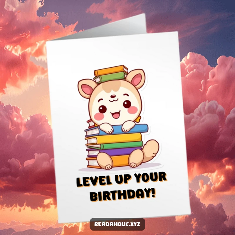 Funny Free Printable Birthday Card: Happy animal sits atop a tall stack of colorful books, a joyful greeting.