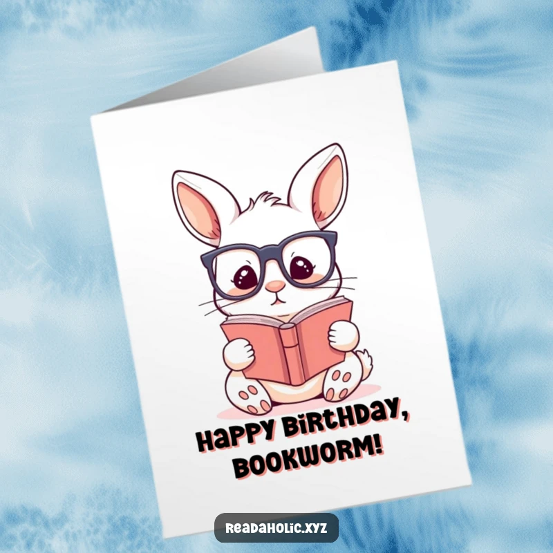 Funny Free Printable Birthday Card: A kawaii rabbit wearing glasses, engrossed in reading, celebrating.