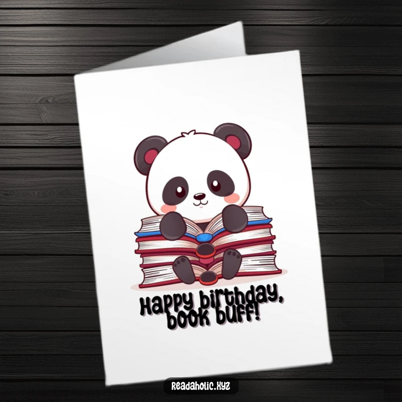 Funny Free Printable Birthday Card: A Kawaii panda struggles to balance multiple open books.