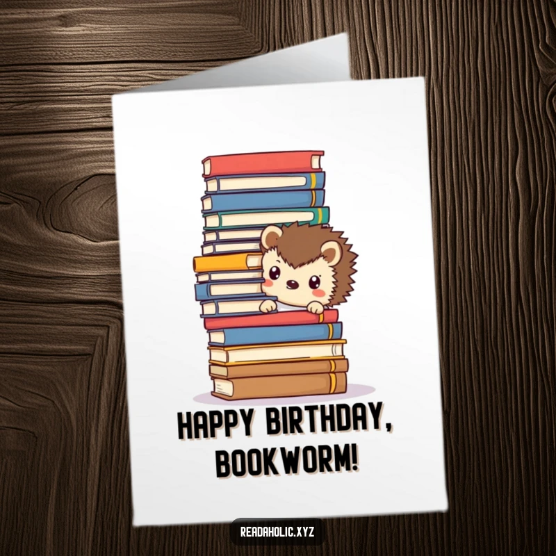 Funny Free Printable Birthday Card: A Kawaii hedgehog peeks from behind a huge stack of books.