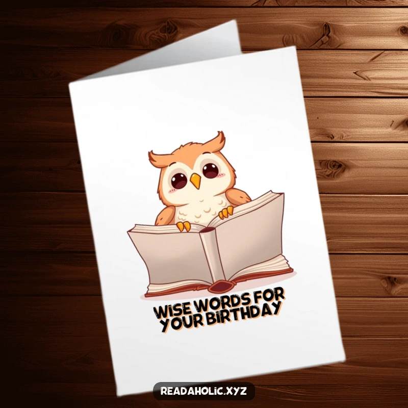 Funny Free Printable Birthday Card: A kawaii owl eagerly turns the page of a huge book.