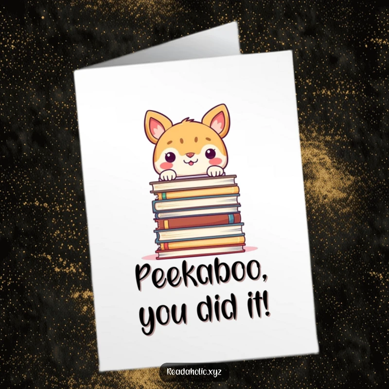 Funny Free Printable Congrats Card: Smiling animal peeks over a colossal book stack, celebrating success playfully.
