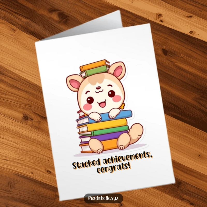 Funny Free Printable Congrats Card: Happy animal balances on a huge stack of books, celebrating success with cheer.