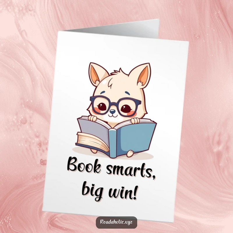 Funny Free Printable Congrats Card: Smart animal in glasses celebrates an achievement with a giant book, a witty gift.