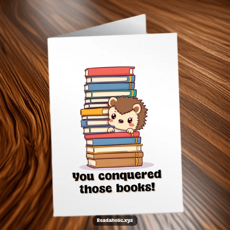 Funny Free Printable Congratulations Card: Kawaii hedgehog emerges from a towering stack of books celebrating success.