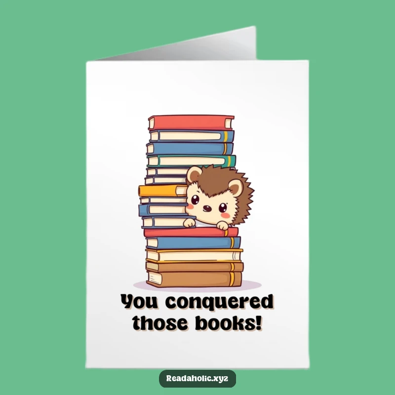 Free Printable Congrats Card: Kawaii Hedgehog Book Stack Funny Downloadable Gift