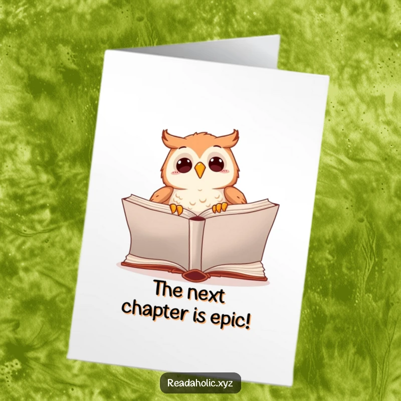Free Printable Congratulations Card: A kawaii owl enthusiastically reading an oversized book, celebrating progress.